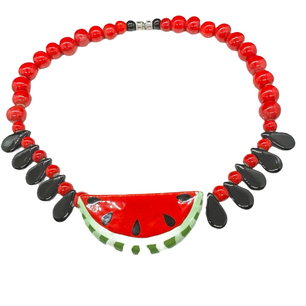 Signed Flying Colors & Book Piece Ceramic Bead & Watermelon Seed Slice Necklace